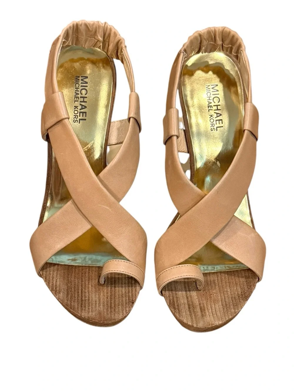 Michael Kors Nude Leather Ankle Strap Wood Platform Heel Sandals Size 9M